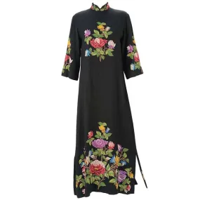 1950s Black Crewel Embroidered Dress