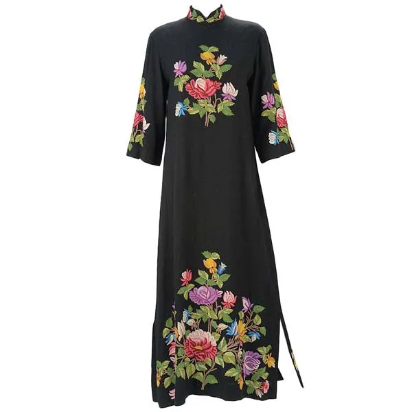 1950s Black Crewel Embroidered Dress