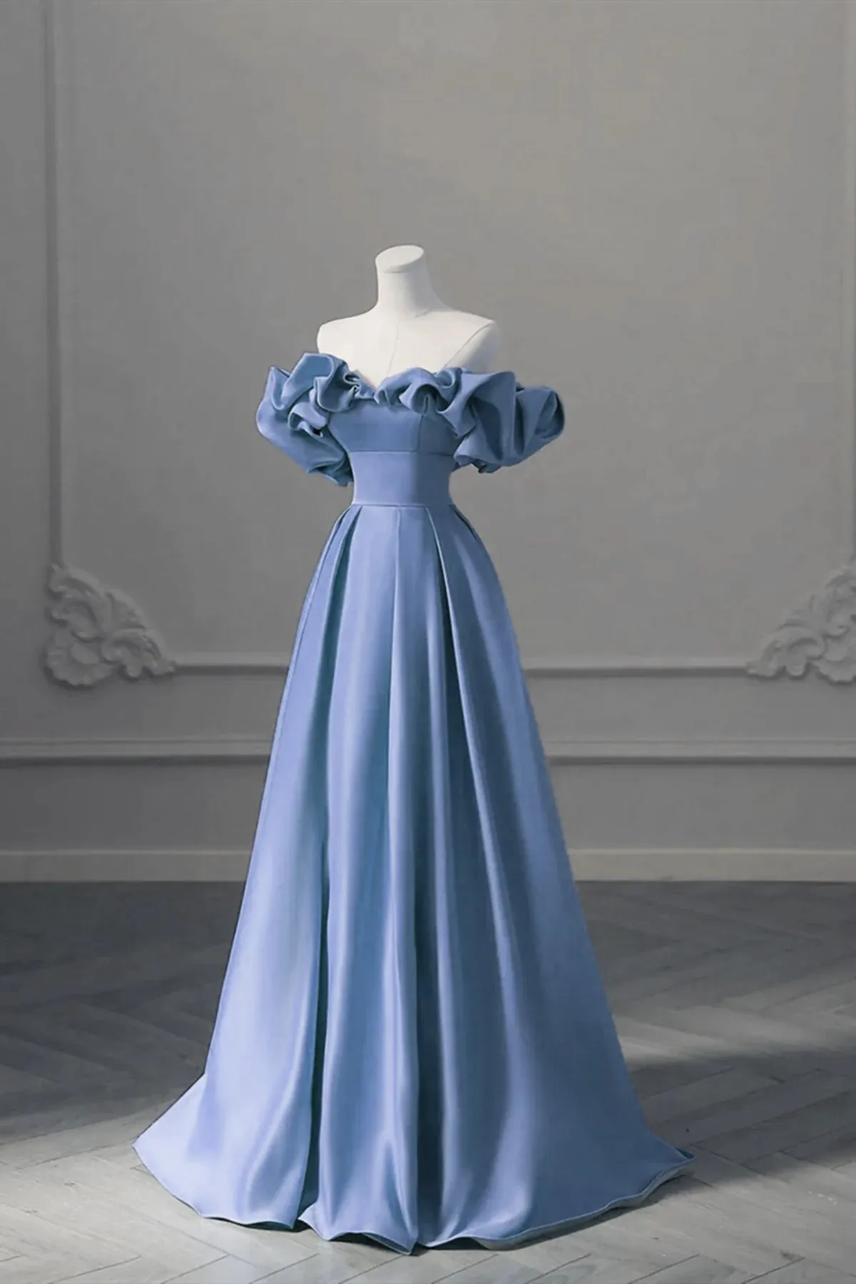 A-line Blue Satin Off Shoulder Long Evening Dress, Long Formal Dress Party Dress