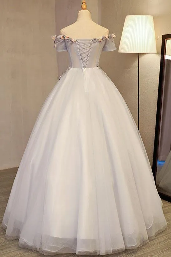 A-line Off-Shoulder Floor-Length Tulle Appliqued Beaded Prom Dresses ASD26981