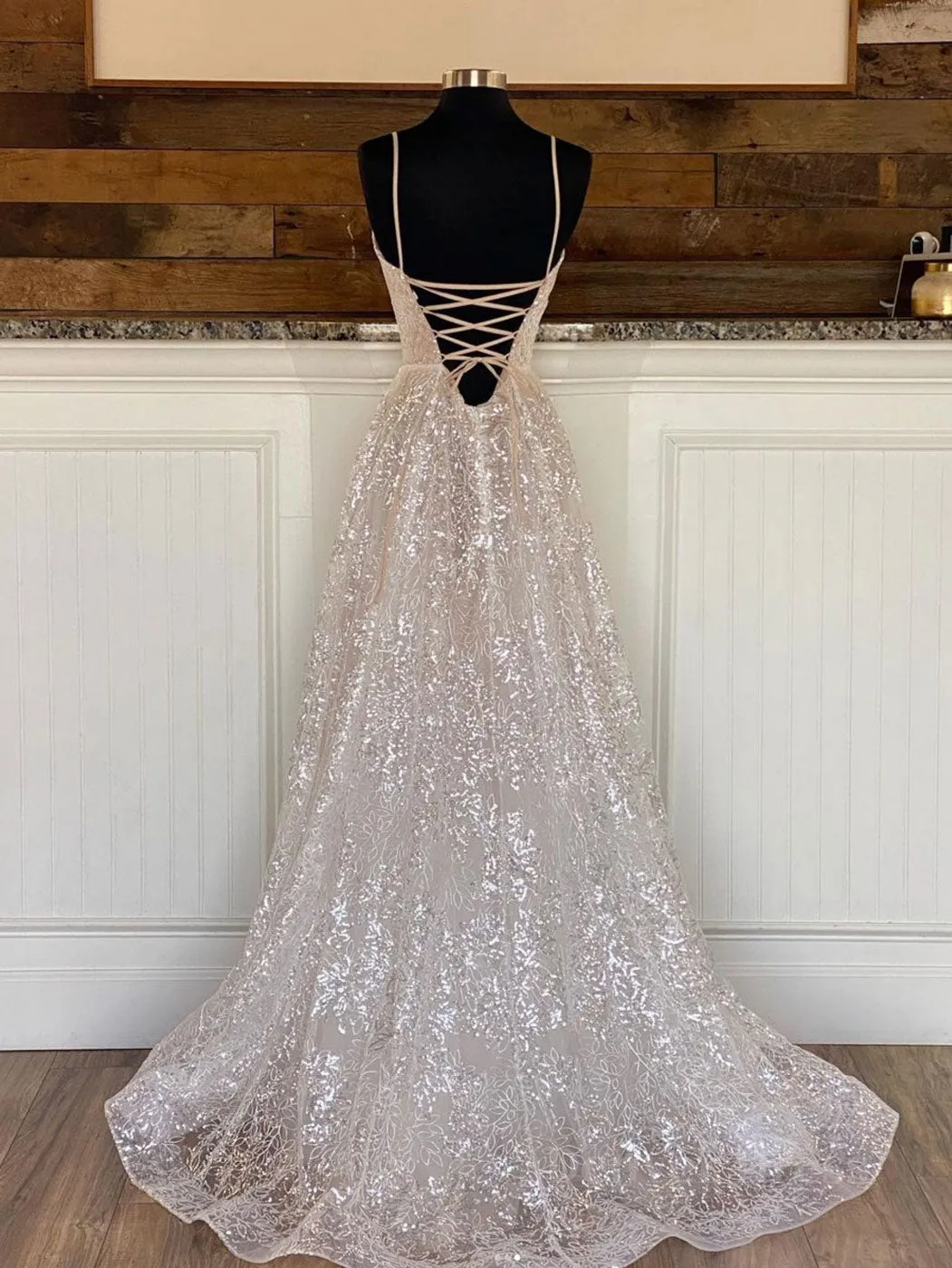 A line sequin long prom dress Champagne sequin evening dress