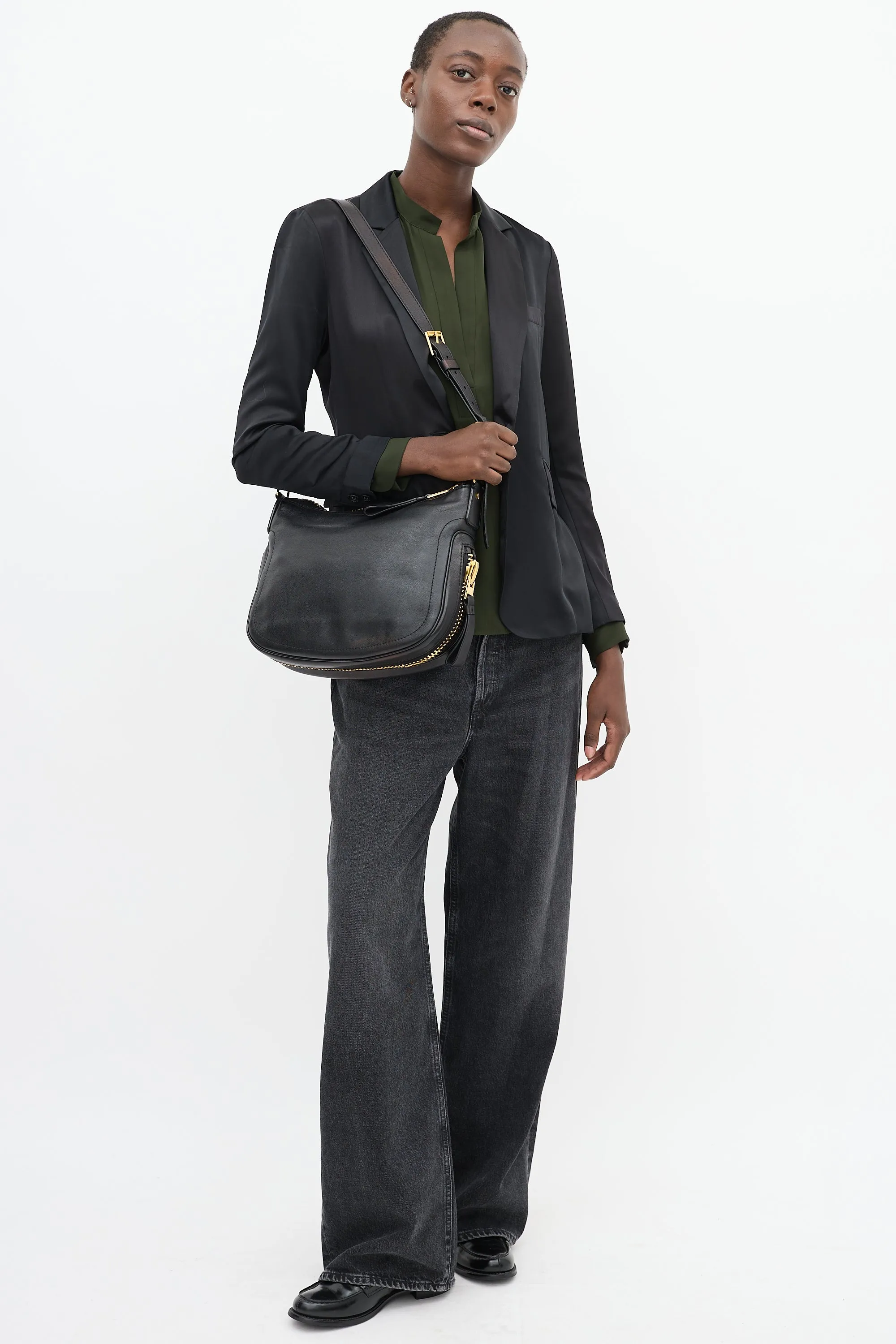 Black Leather Medium Jennifer Simple Zip Bag