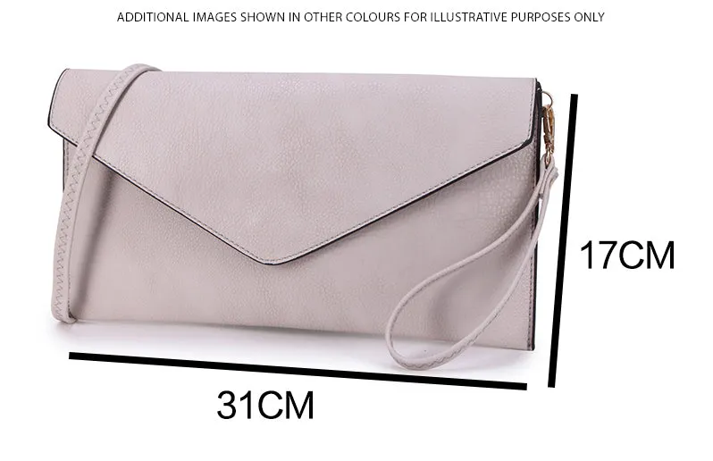 BLACK OVER-SIZED ENVELOPE CLUTCH BAG WITH LONG CROSS BODY AND WRISTLET STRAP