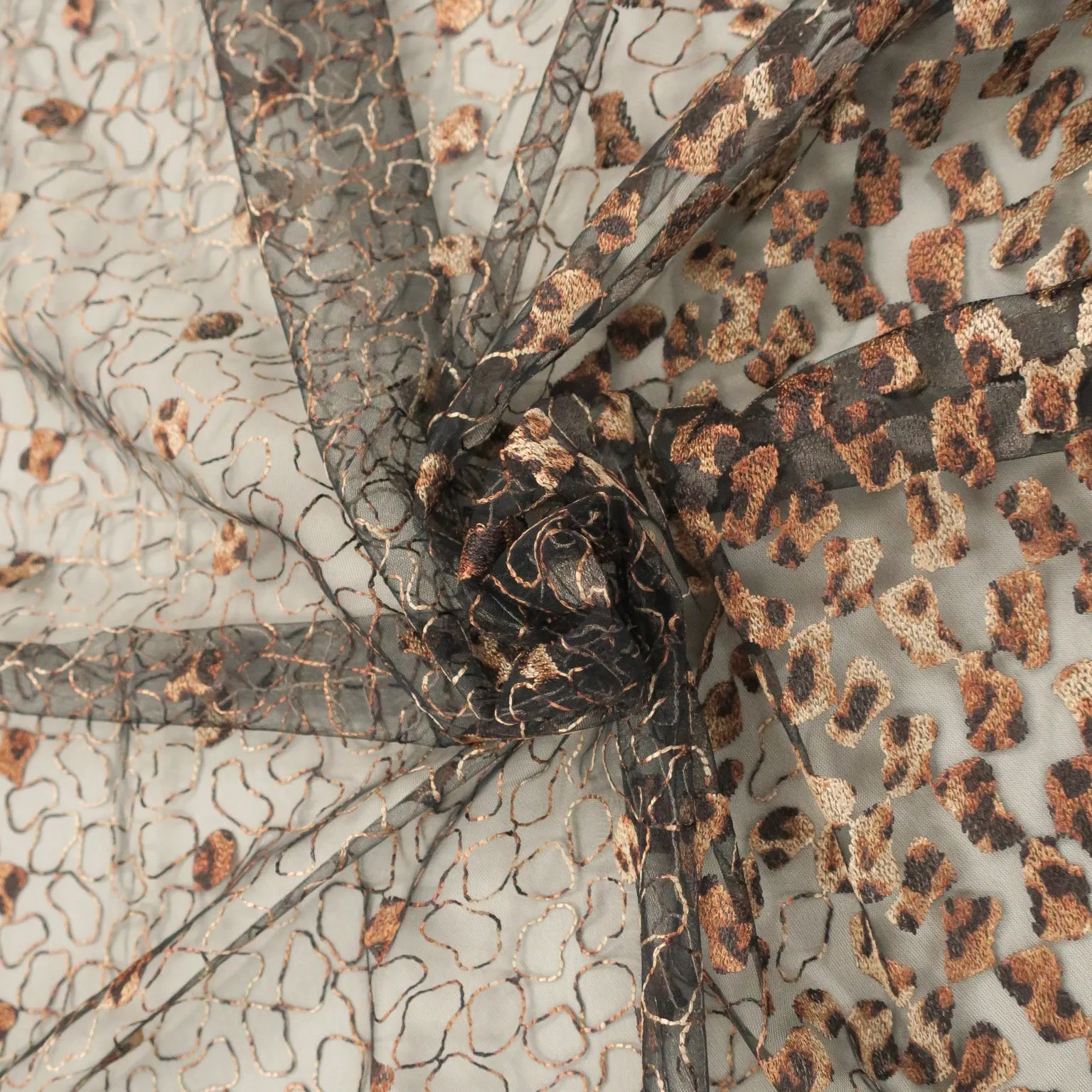 Black Tulle with Brown Abstract Animal Print Embroidery Fabric