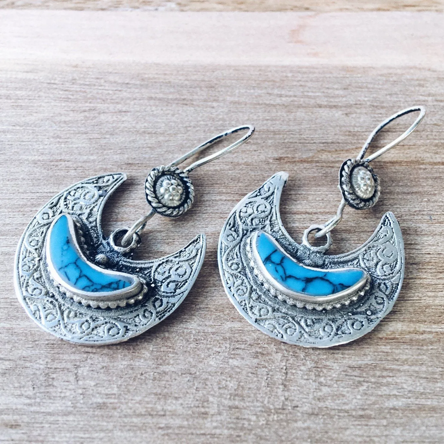 Crescent Kuchi Tribal Earrings - Turquoise