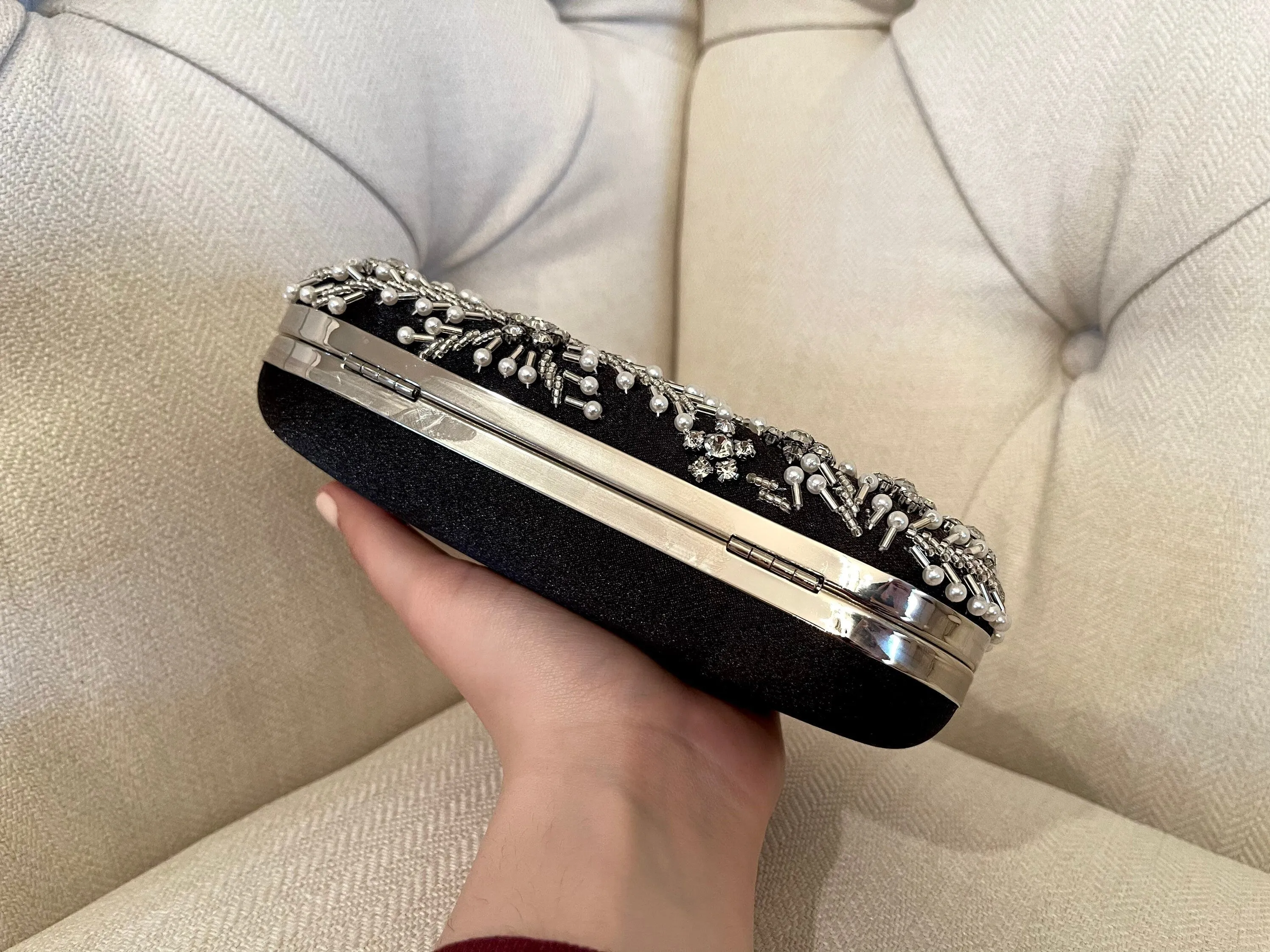 Crystal Leaves & Pearl Beads Clutch | Silver, Black & Off-White Evening Bag