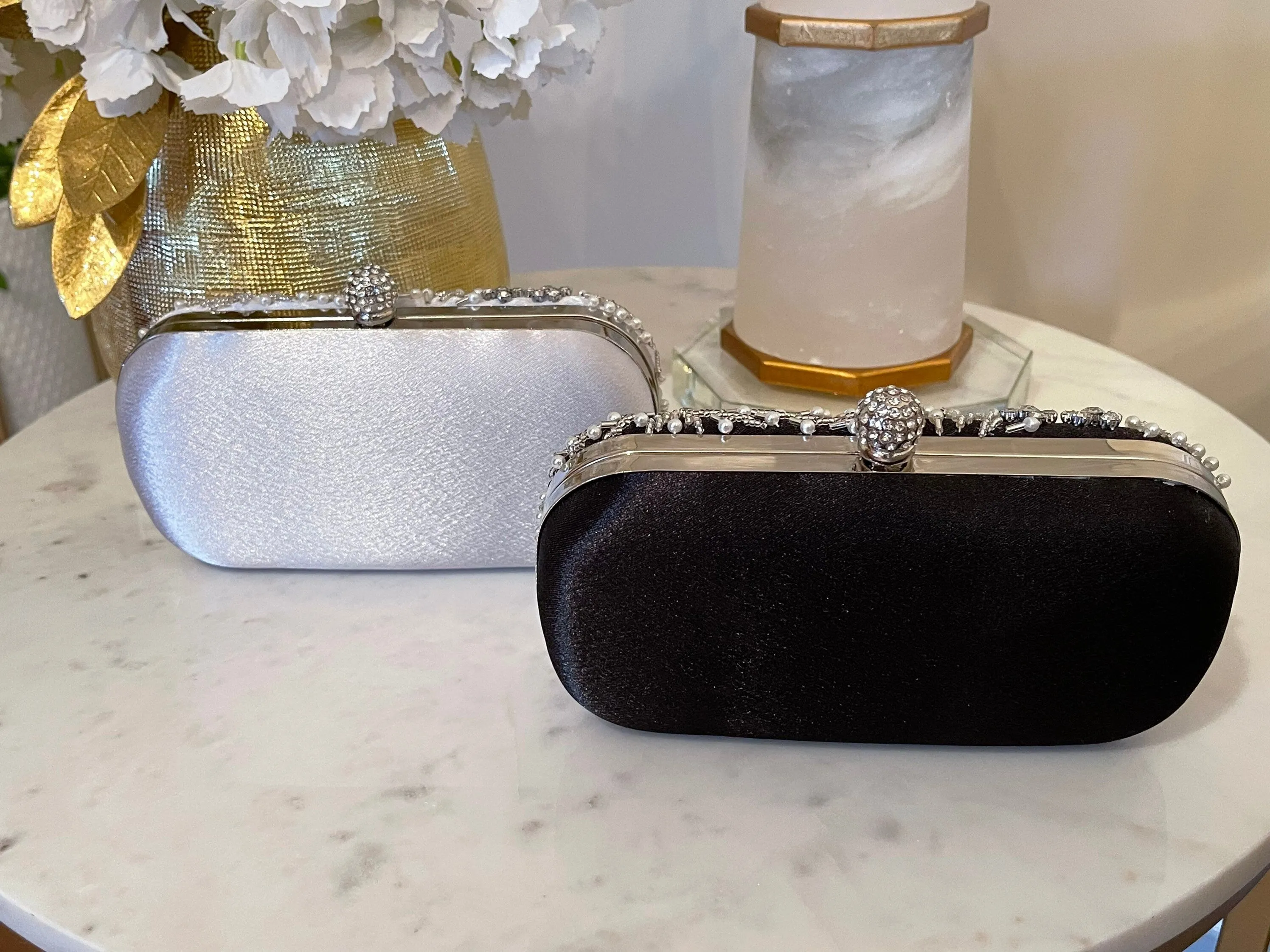 Crystal Leaves & Pearl Beads Clutch | Silver, Black & Off-White Evening Bag