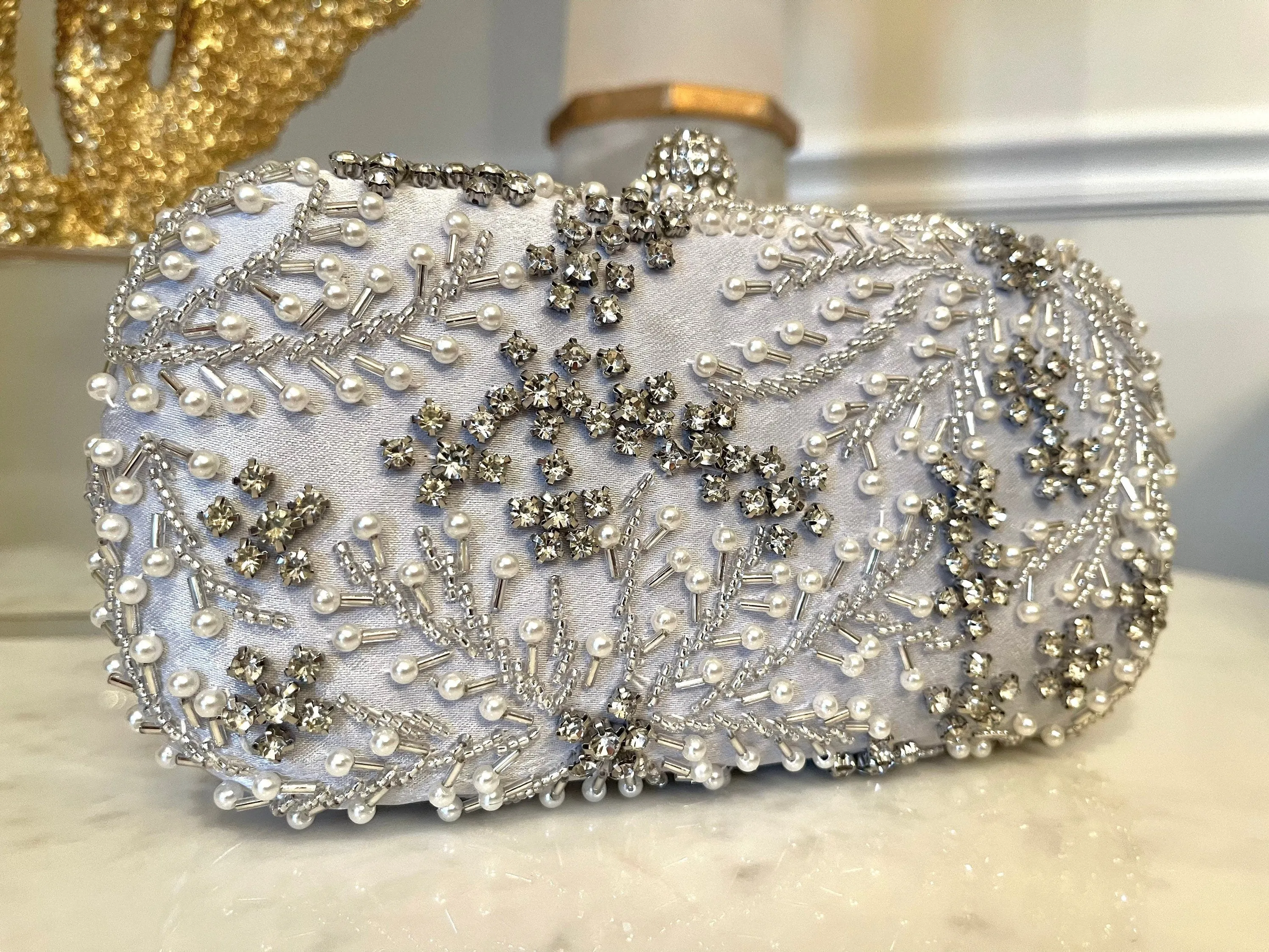 Crystal Leaves & Pearl Beads Clutch | Silver, Black & Off-White Evening Bag