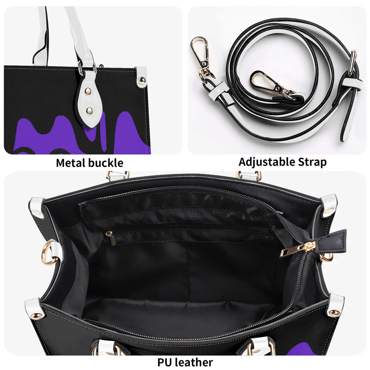 DRIP LO Black Logo & Purple Multiple Sizes Upgraded Luxury Women PU Leather Handbag