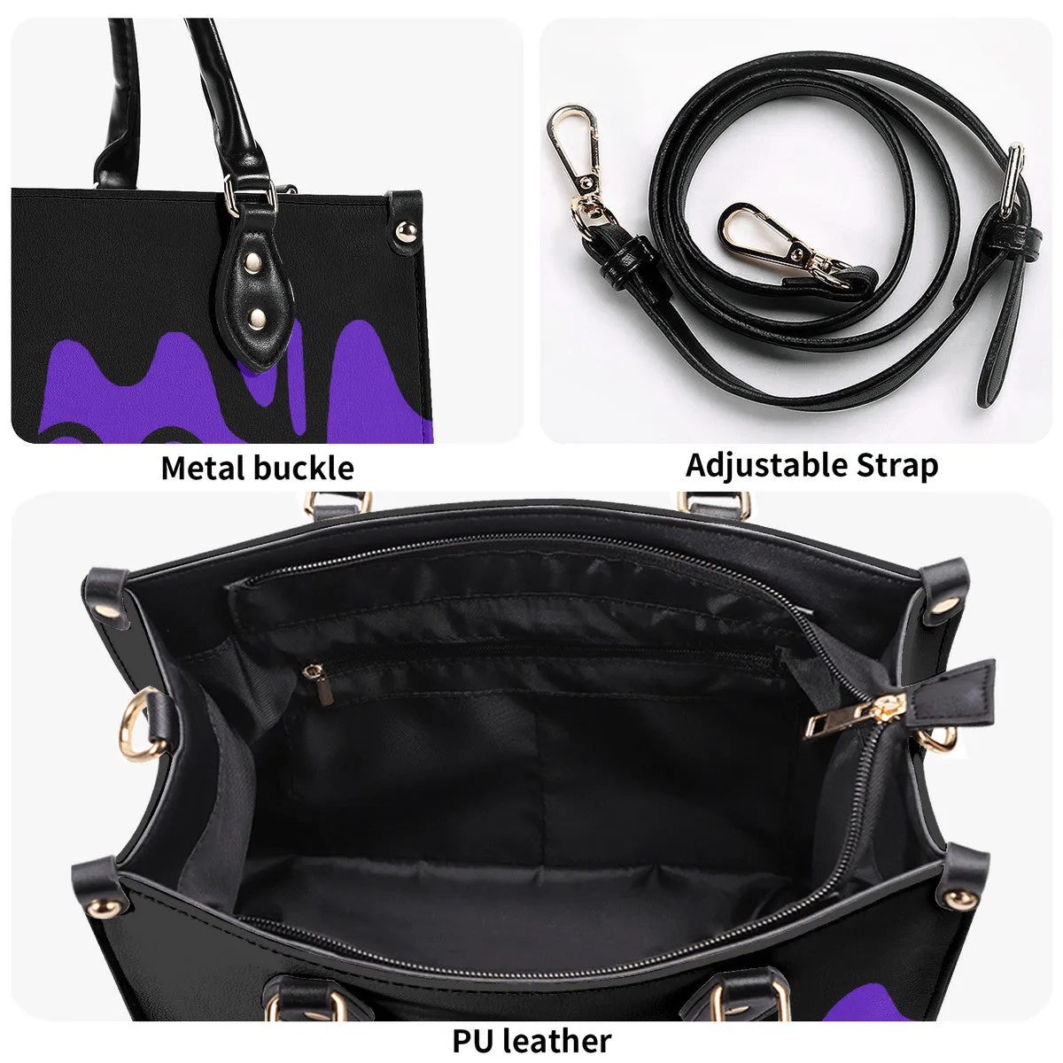 DRIP LO Black Logo & Purple Multiple Sizes Upgraded Luxury Women PU Leather Handbag