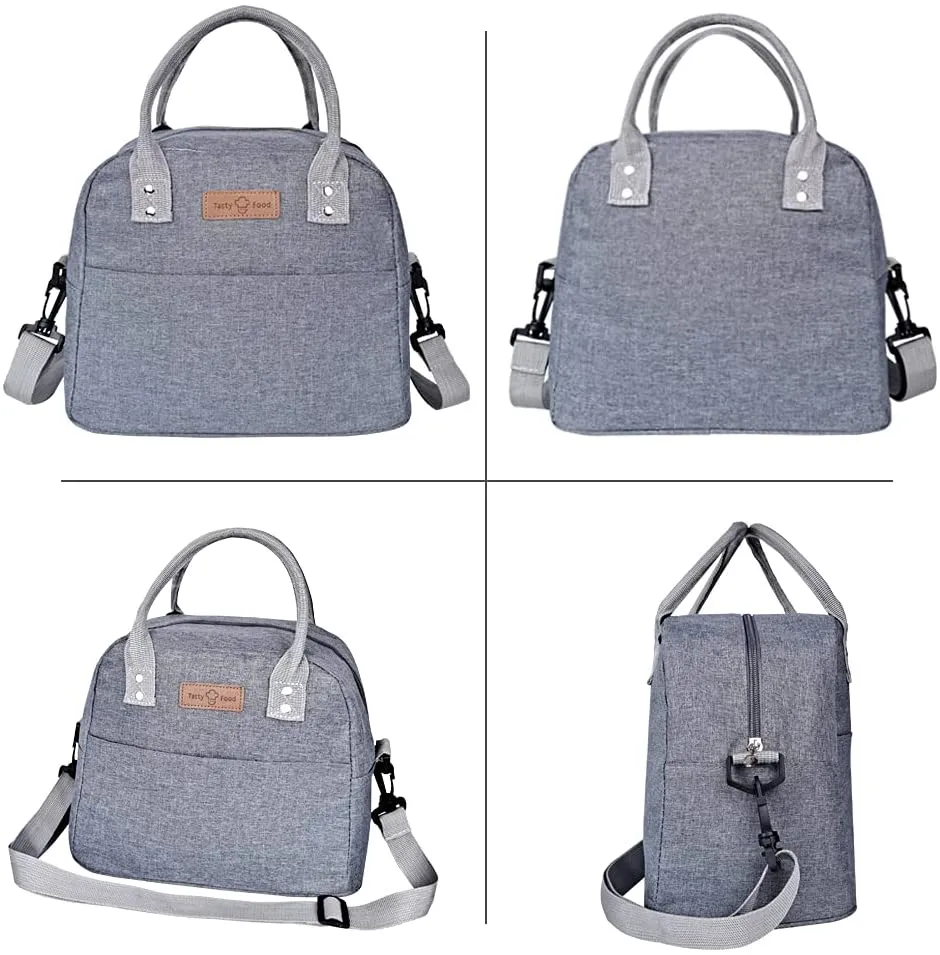 EASTVIO Insulated Lunch Bags Large Reusable Tote Cooler Box with Adjustable Removable Shoulder Strap and Pocket for Women/Men/Kids/Picnic/Work/School/Travel (Gray)
