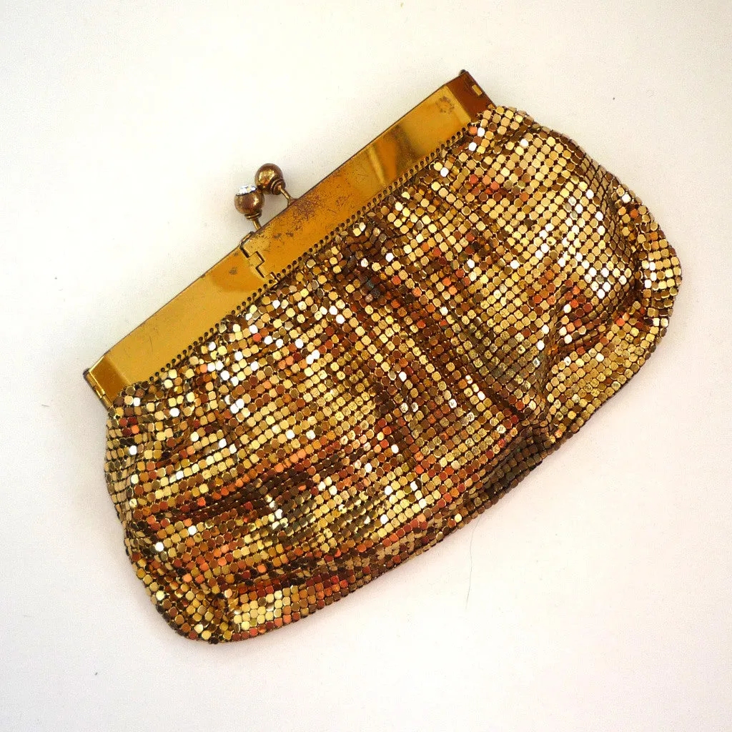 Gate-Neck Mesh Gold-tone Purse with Rhinestone Clasp