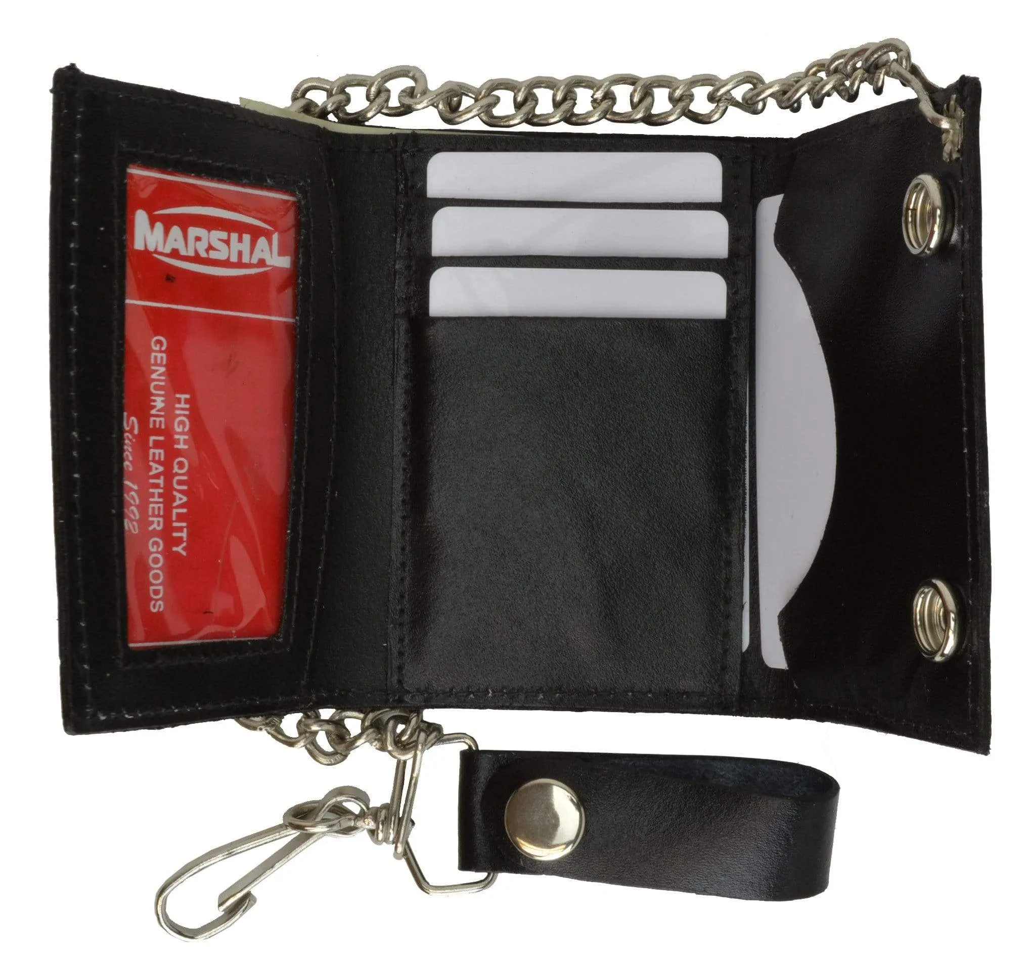 Genuine Leather 8 Ball Logo Trifold Biker's Wallet ID Card Holder w/ Chain 1046-10 (C)