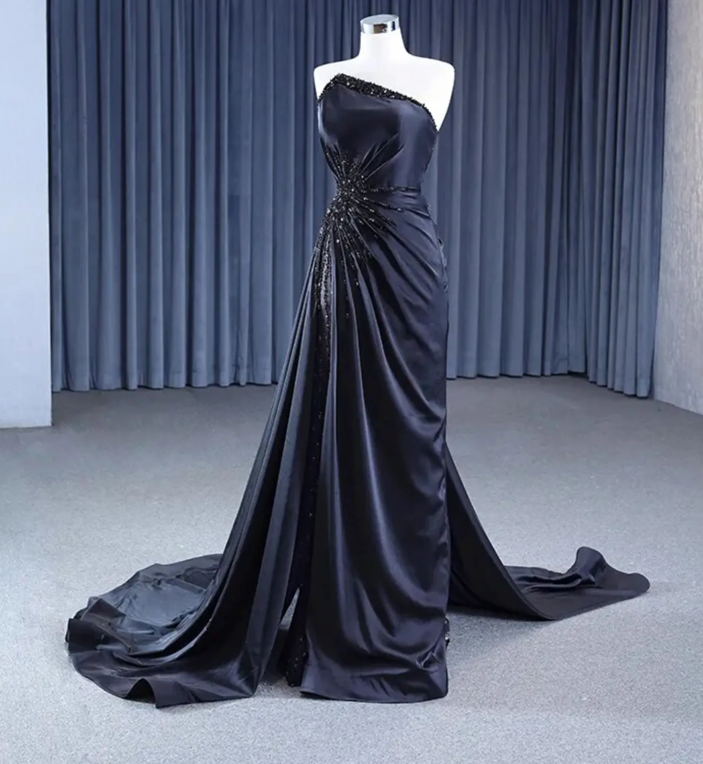Hand Beaded Black Evening Formal Party Gown