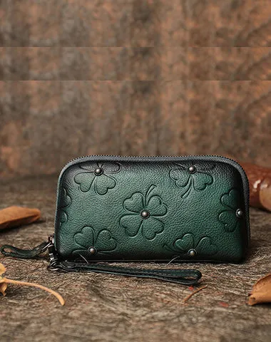 Handmade Womens Clover Leather Long Wallet Zipper Clutch Wristlet Wallet for Women