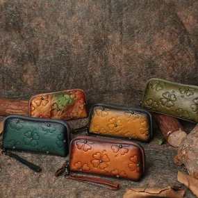 Handmade Womens Clover Leather Long Wallet Zipper Clutch Wristlet Wallet for Women