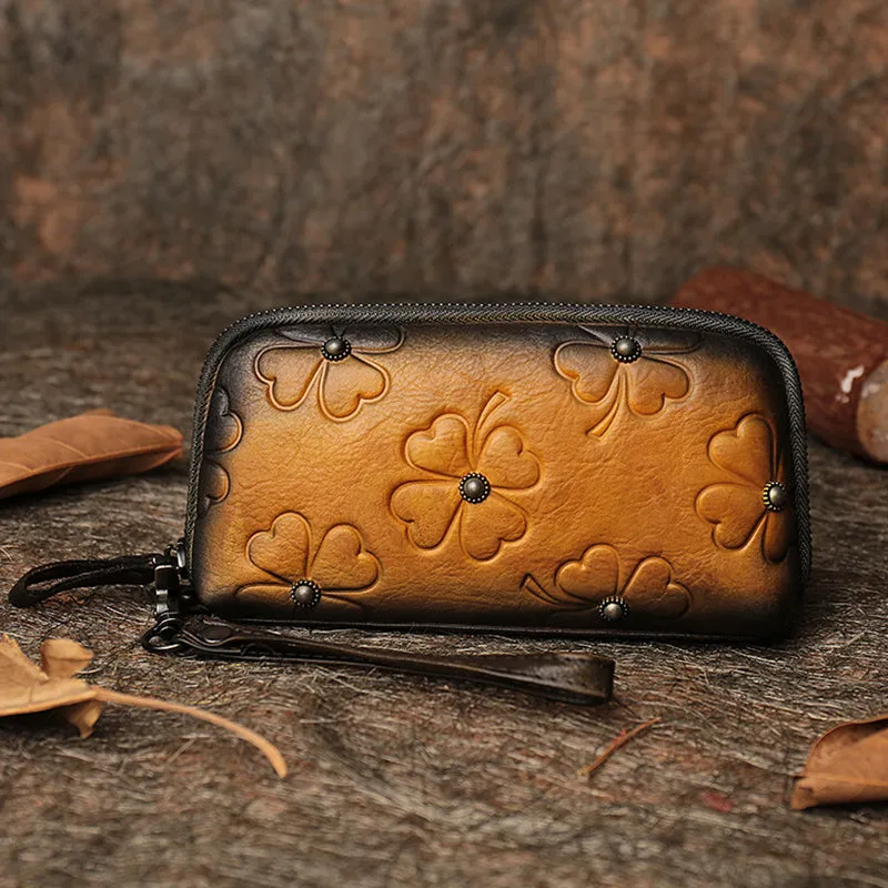 Handmade Womens Clover Leather Long Wallet Zipper Clutch Wristlet Wallet for Women
