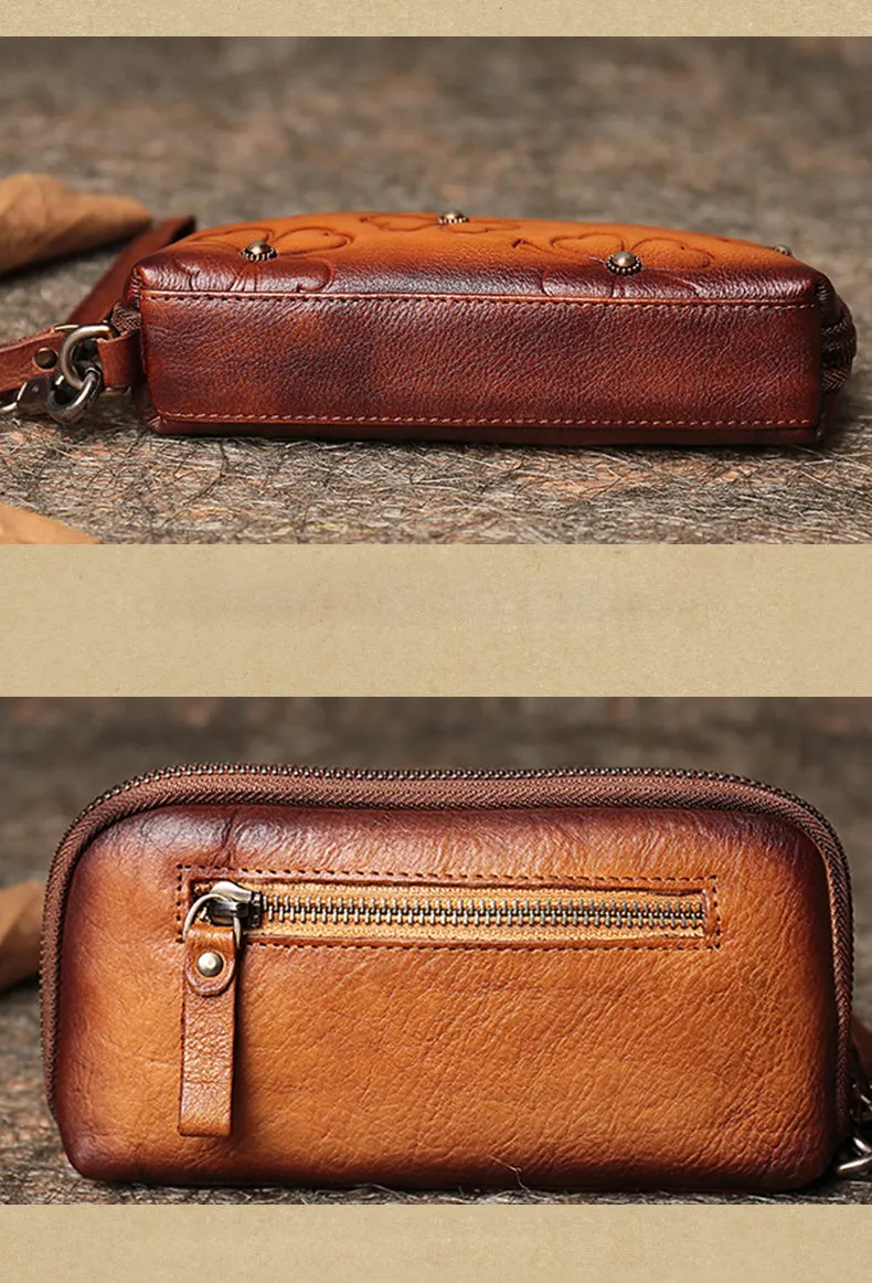 Handmade Womens Clover Leather Long Wallet Zipper Clutch Wristlet Wallet for Women