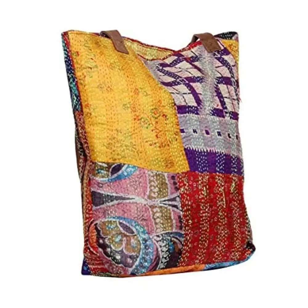 IndiWeaves Womens Silk Kantha Work Leather Handle Handmade Tote Bag, Top Handle Shoulder Bag -Yellow/Red/Blue
