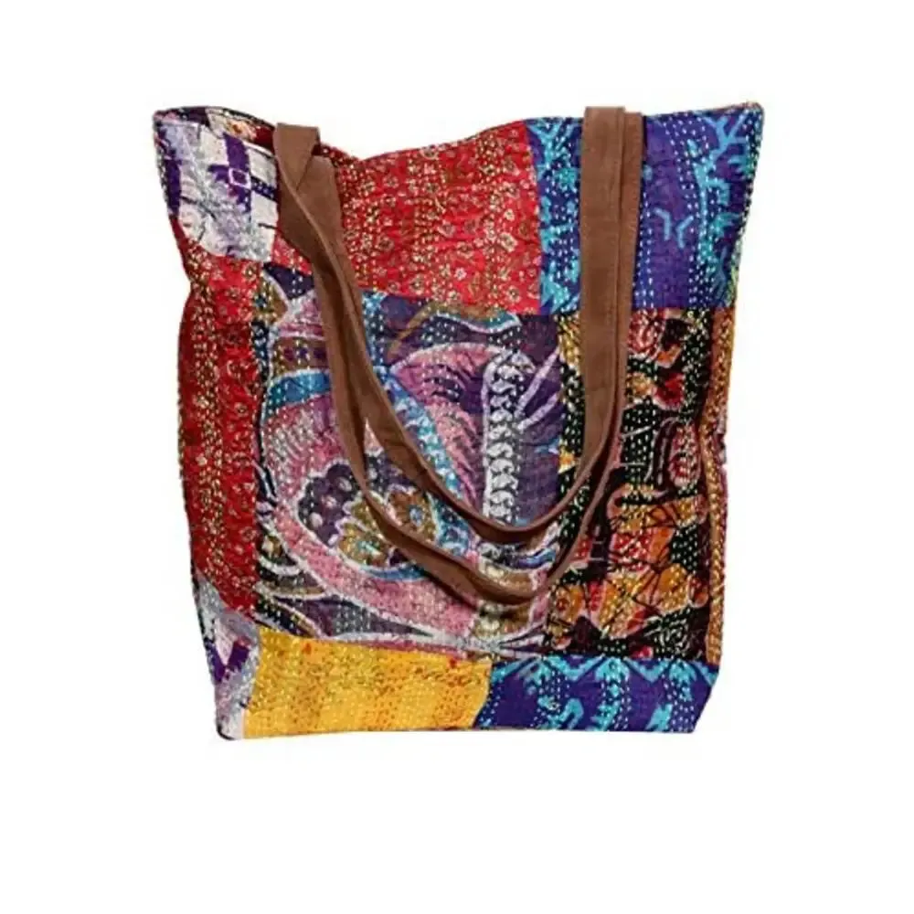 IndiWeaves Womens Silk Kantha Work Leather Handle Handmade Tote Bag, Top Handle Shoulder Bag -Yellow/Red/Blue