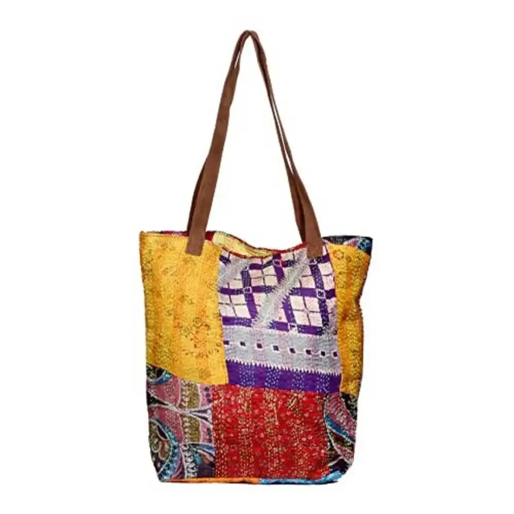 IndiWeaves Womens Silk Kantha Work Leather Handle Handmade Tote Bag, Top Handle Shoulder Bag -Yellow/Red/Blue