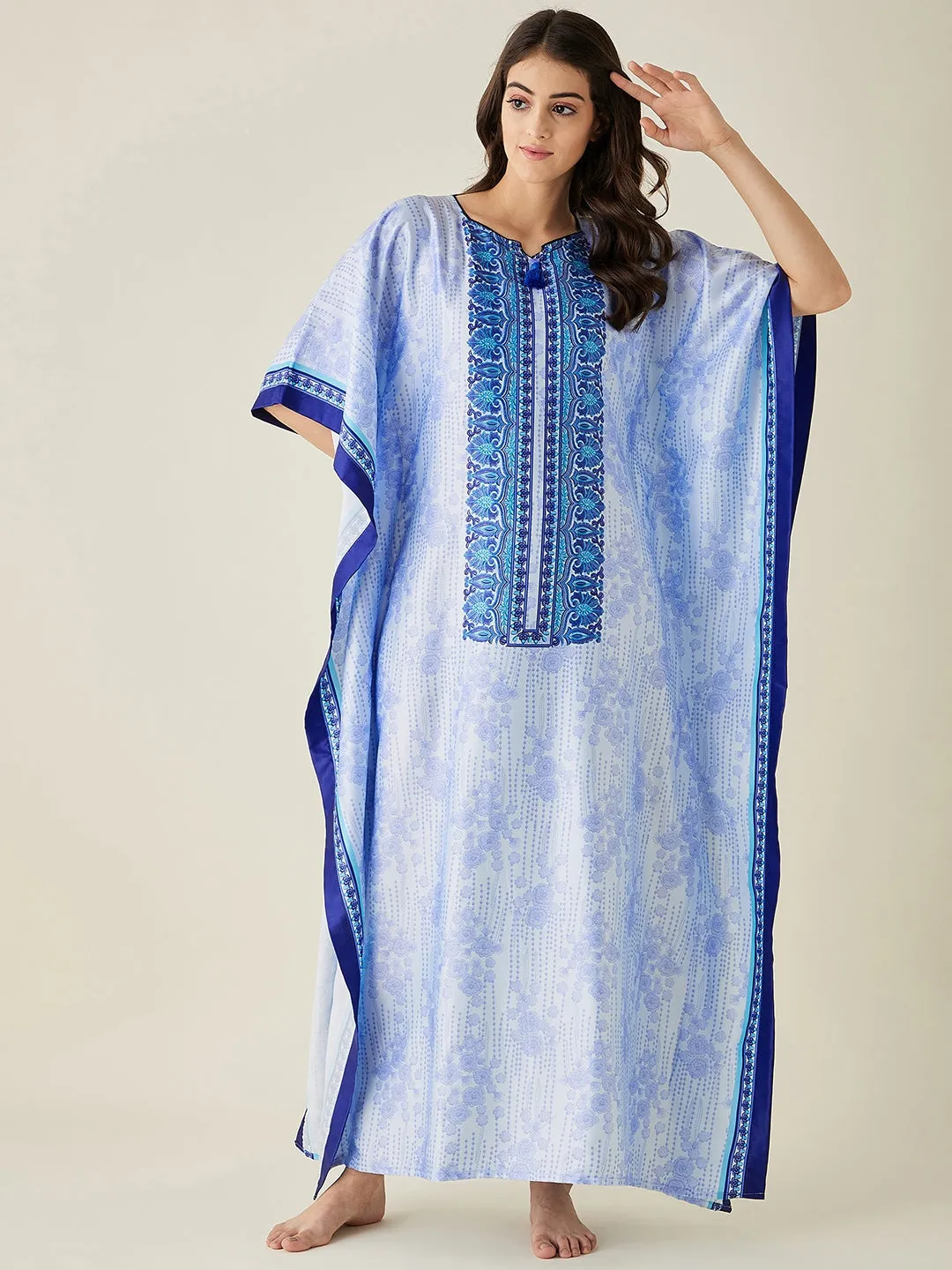 Light Blue Floral Printed Satin Kaftan  - The Kaftan Company