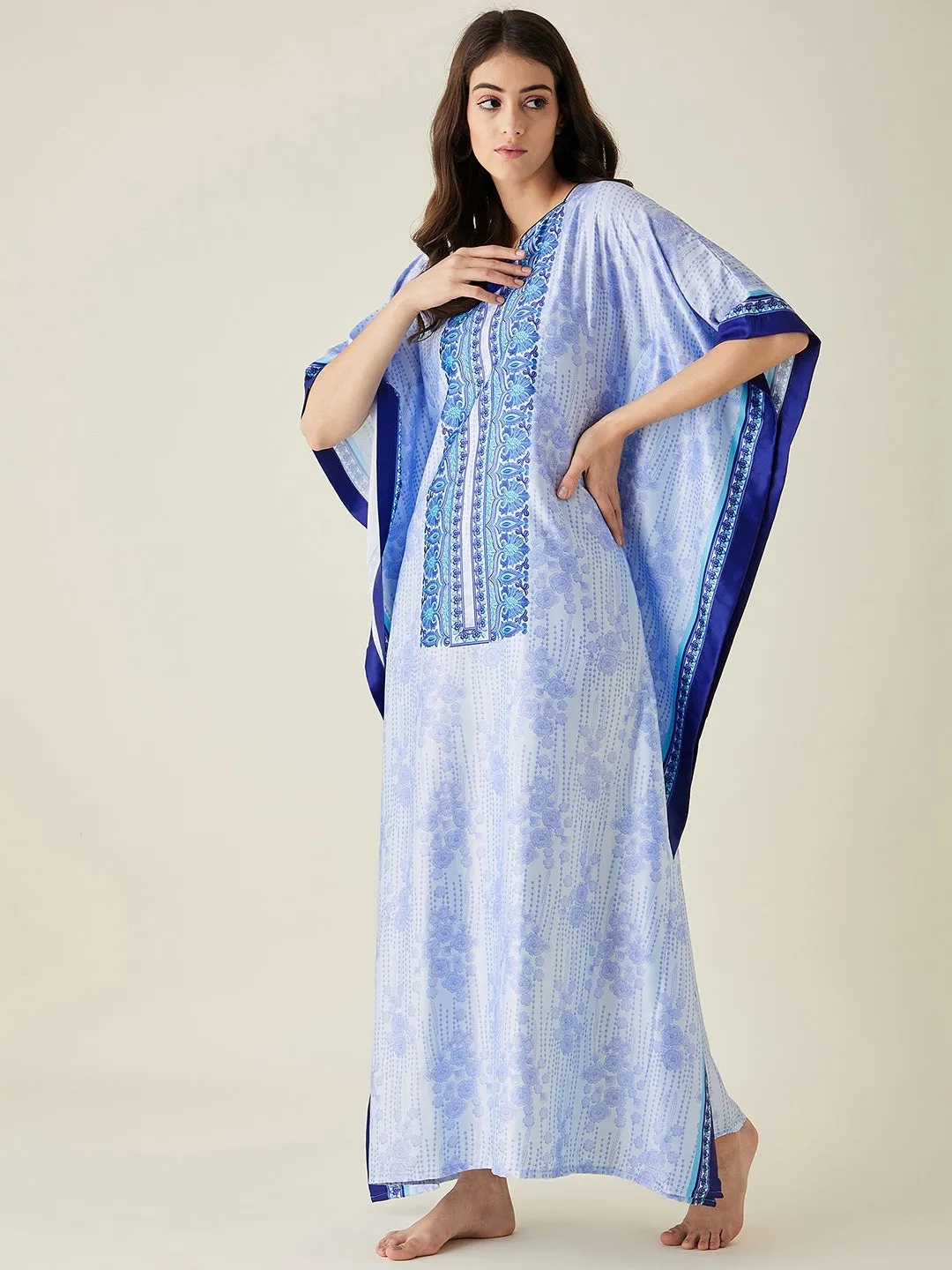 Light Blue Floral Printed Satin Kaftan  - The Kaftan Company