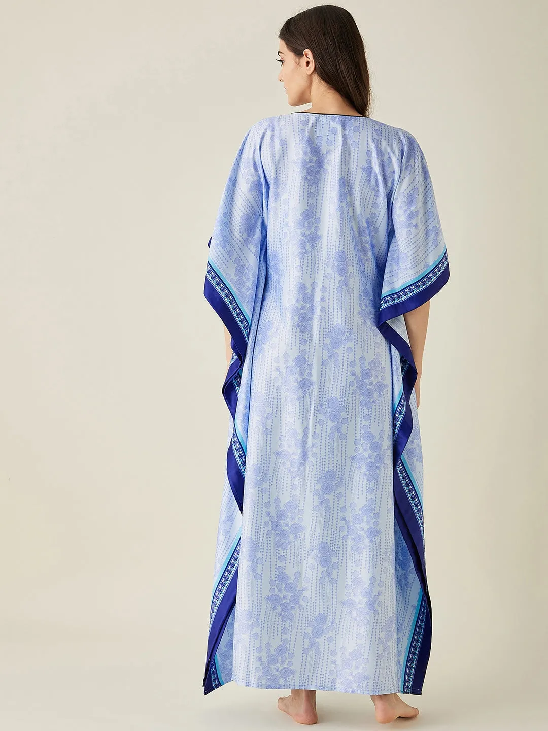 Light Blue Floral Printed Satin Kaftan  - The Kaftan Company