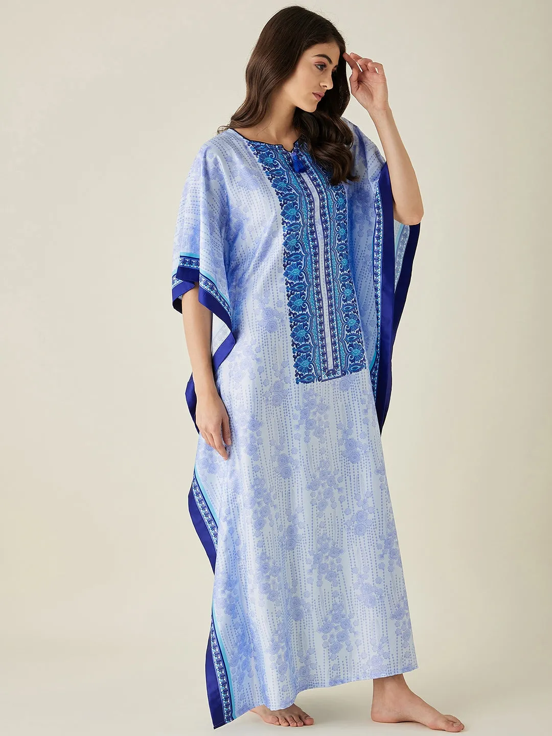 Light Blue Floral Printed Satin Kaftan  - The Kaftan Company