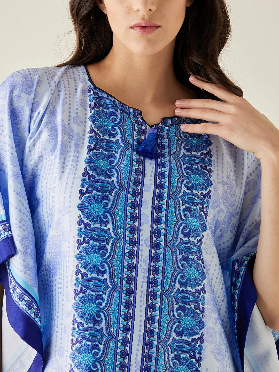 Light Blue Floral Printed Satin Kaftan  - The Kaftan Company