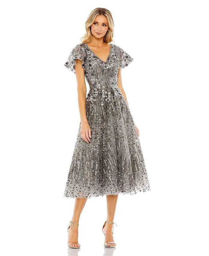 Mac Duggal Women's Embellished Butterfly Flare Dress, Silver