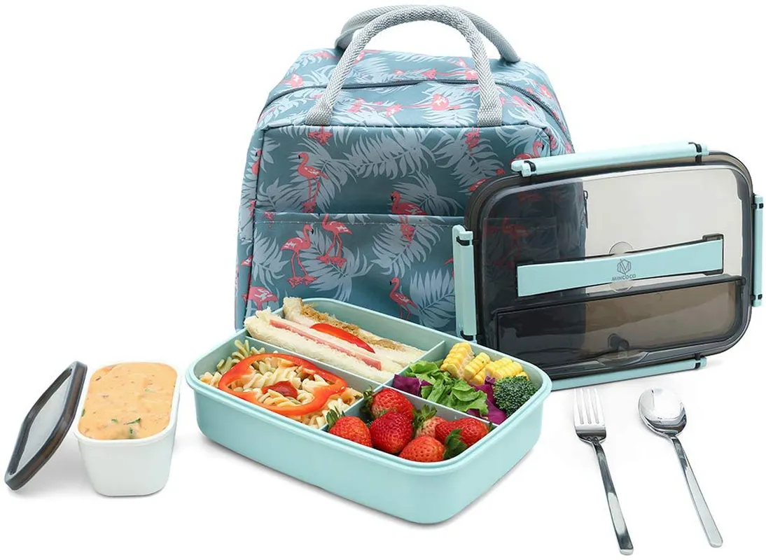 MINCOCO Bento Lunch Box Leak-proof Eco-Friendly Bento Box Food Storage Containers with Large Lunch Bag, Sauce Jar, Stainless Spoon&Fork for Adults Women Men Kids (Classic Black)