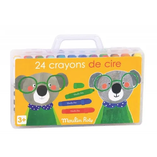 Moulin Roty Les Popipop Children Drawing Skills Development Little Suitcase of 24 Colourful Wax Crayons