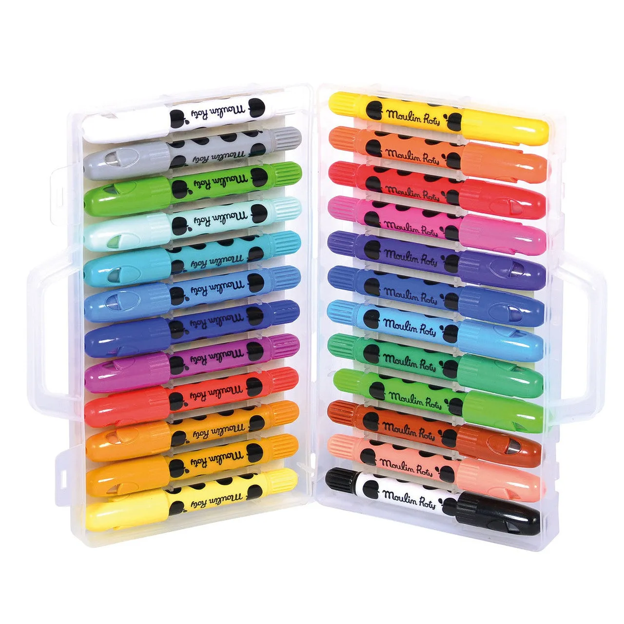 Moulin Roty Les Popipop Children Drawing Skills Development Little Suitcase of 24 Colourful Wax Crayons