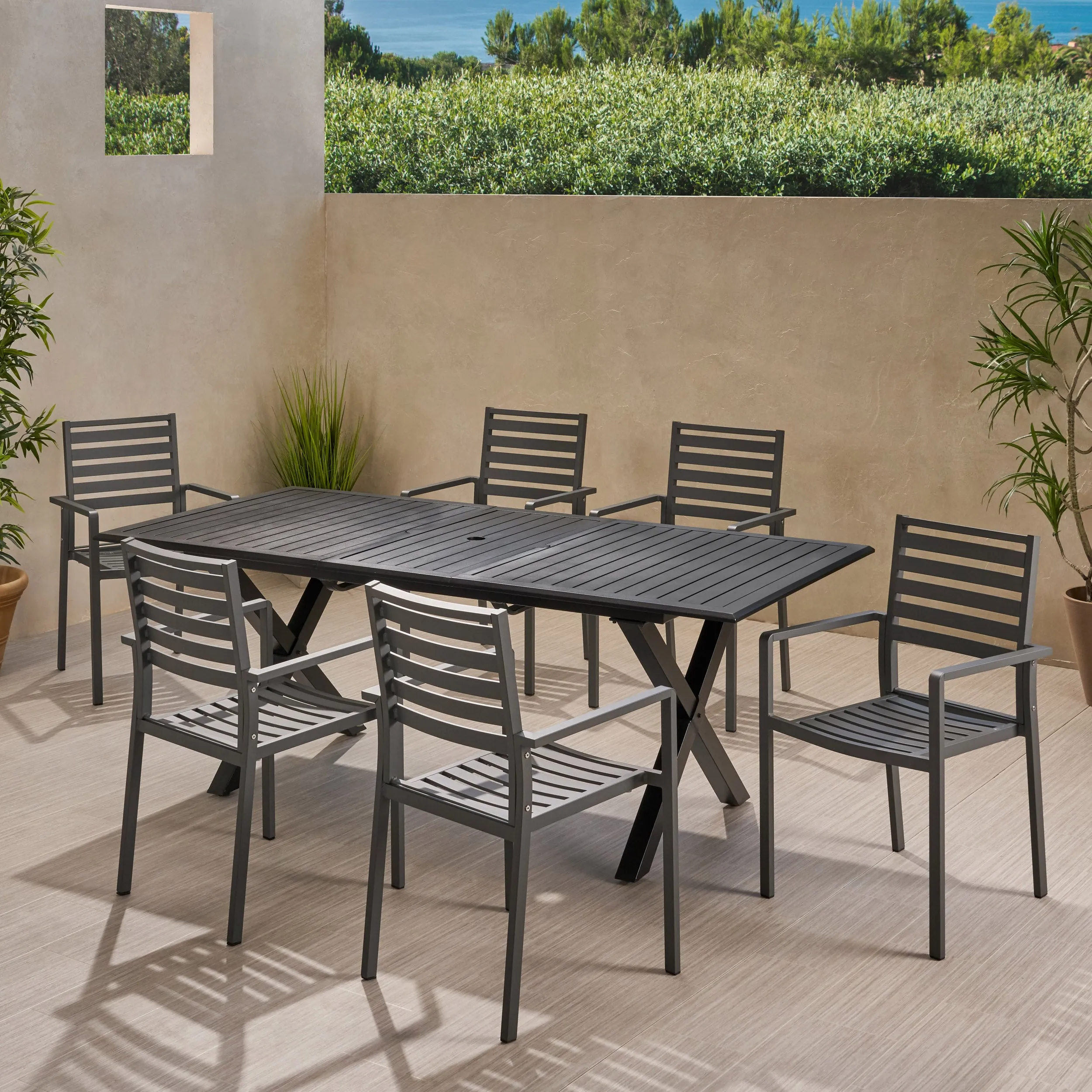 Noxx Outdoor Modern 6 Seater Aluminum Dining Set with Expandable Table