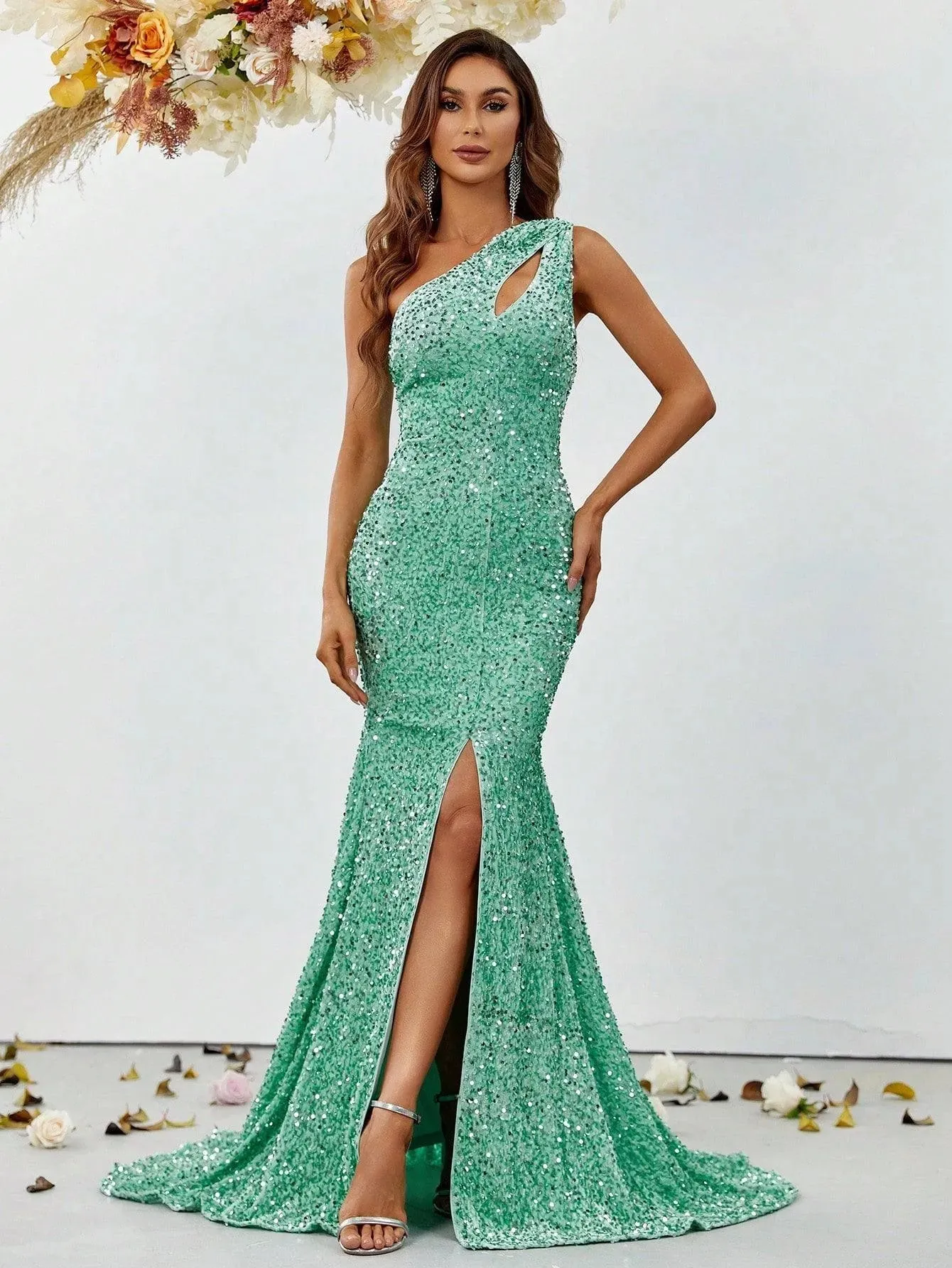 One Shoulder Cut Out Split Thigh Sequin Mermaid Dresses