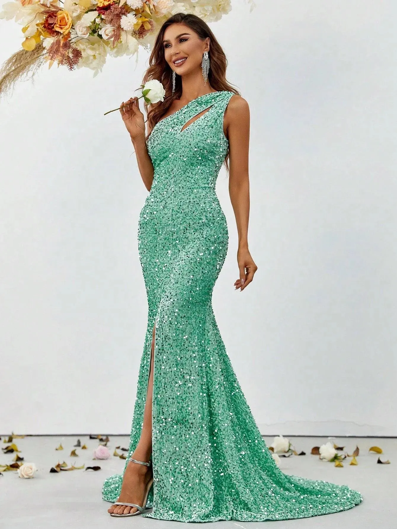 One Shoulder Cut Out Split Thigh Sequin Mermaid Dresses