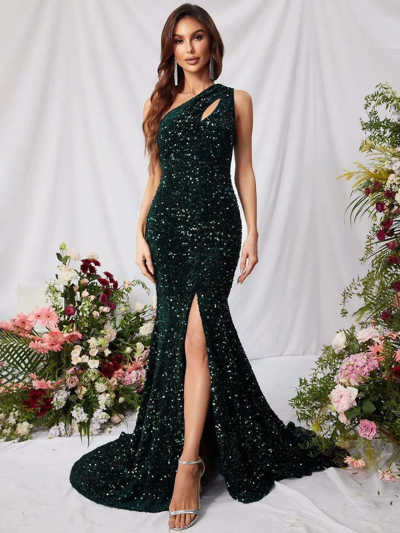 One Shoulder Cut Out Split Thigh Sequin Mermaid Dresses