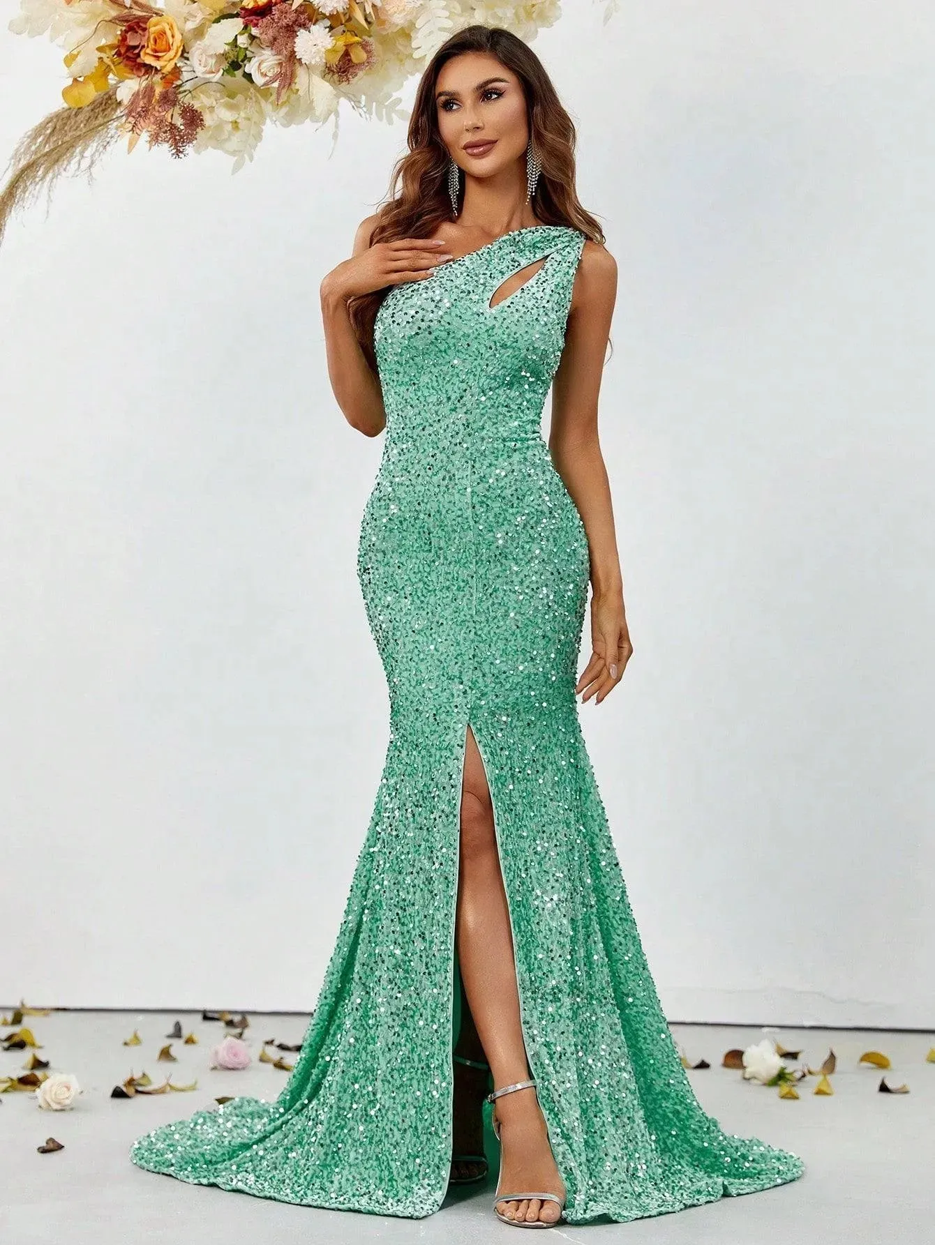 One Shoulder Cut Out Split Thigh Sequin Mermaid Dresses