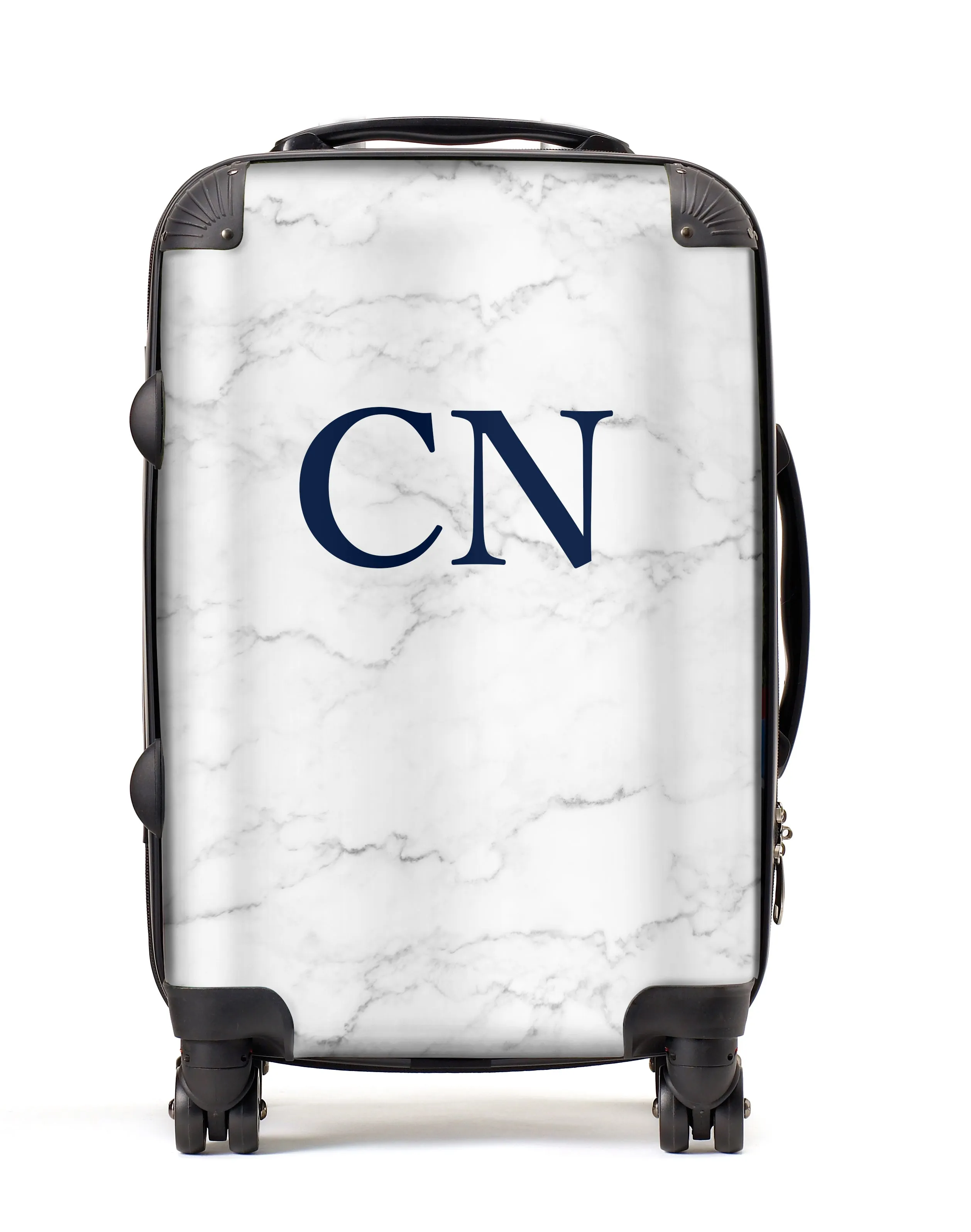 Personalised Suitcase | White Marble with Navy Monogram