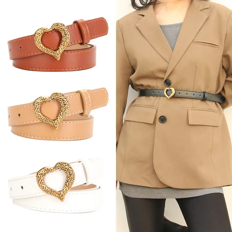 Retro Gold Heart Buckle Imitation Leather Belt Fashion All-Match Business Suit and Dress Decorative Band