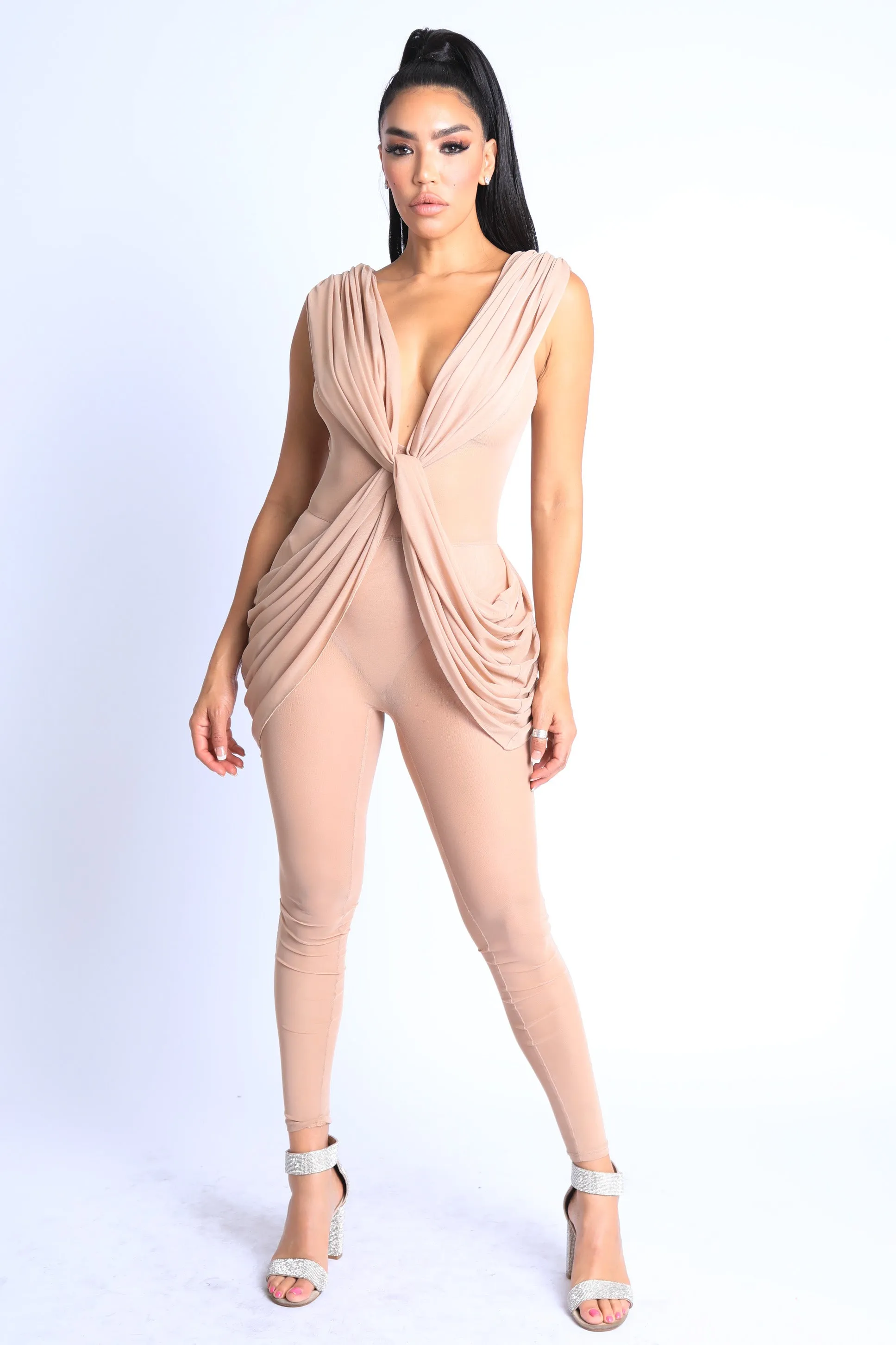 Sleeveless Lightweight Draped Jumpsuit in NUDE