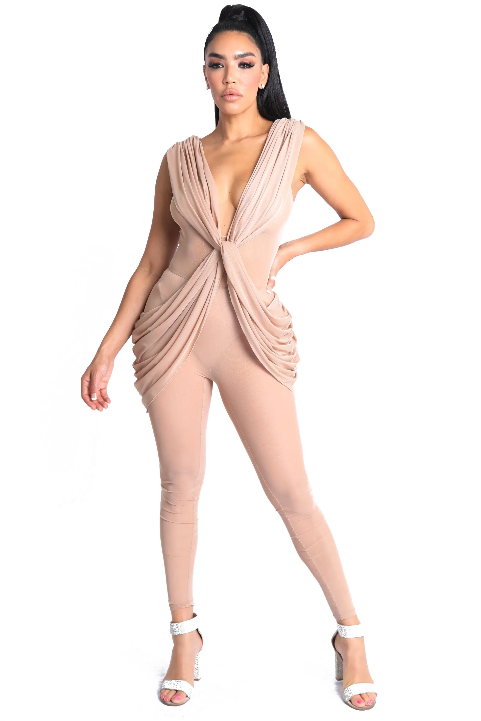 Sleeveless Lightweight Draped Jumpsuit in NUDE