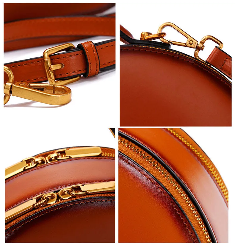 Small Ladies Leather Circle Crossbody Bag Shoulder Handbags For Women