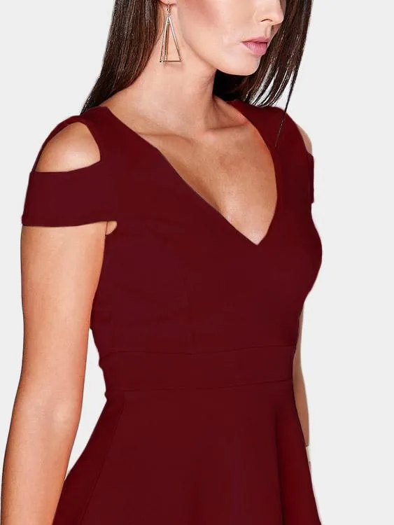 Wholesale Burgundy V-Neck Cold Shoulder Cut Out Mini Dress