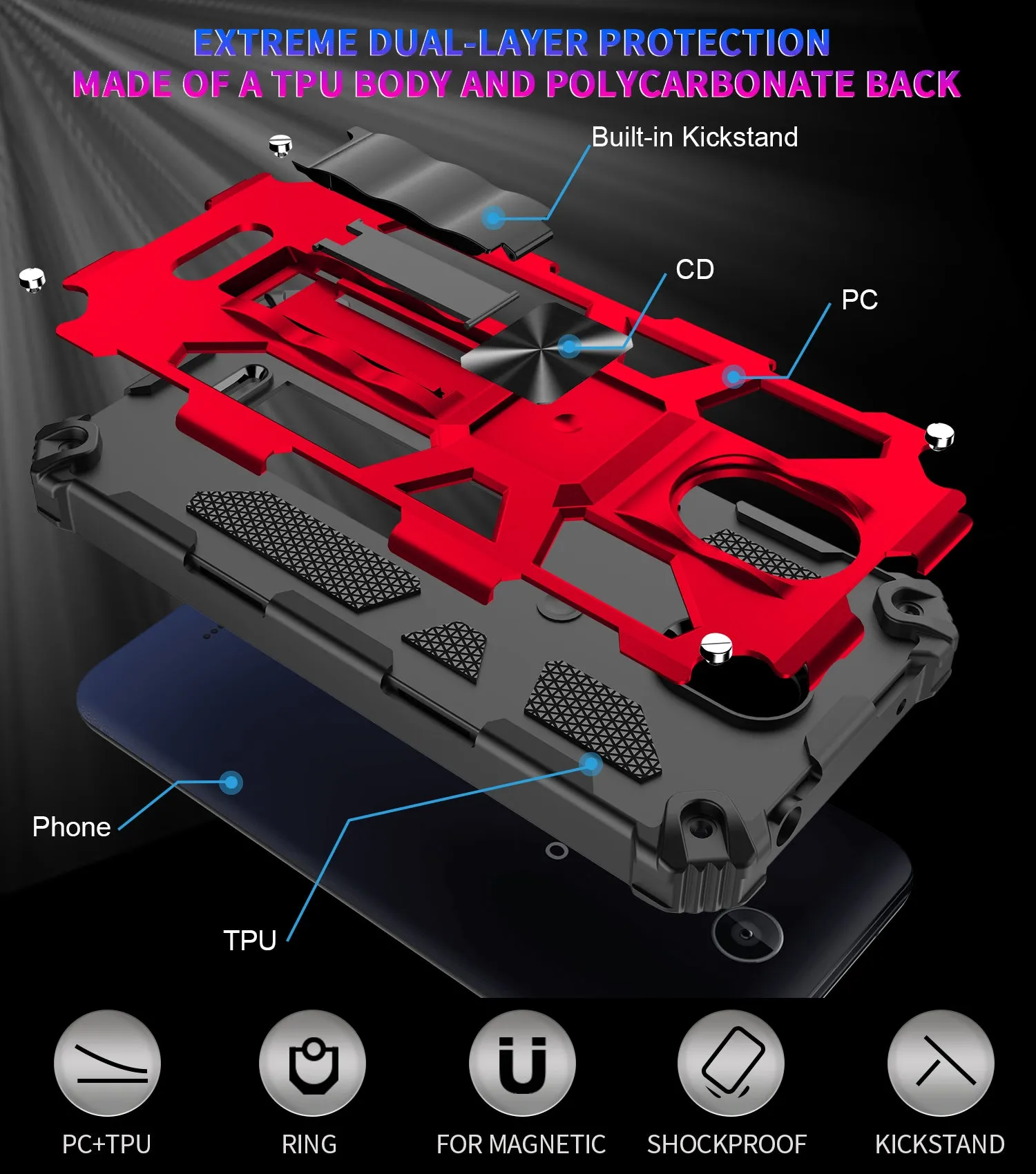Wiko Ride 2 Case [Military Grade] Ring Car Mount Kickstand w/[Tempered Glass] Hybrid Hard PC Soft TPU Shockproof Protective Case - Red