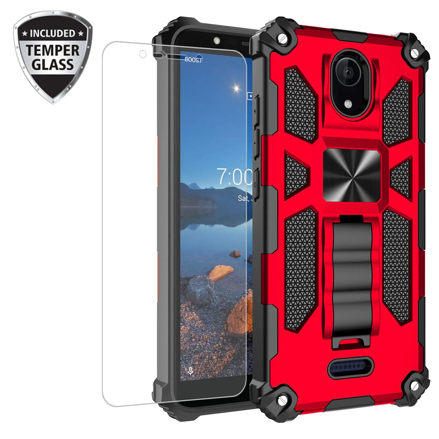 Wiko Ride 2 Case [Military Grade] Ring Car Mount Kickstand w/[Tempered Glass] Hybrid Hard PC Soft TPU Shockproof Protective Case - Red