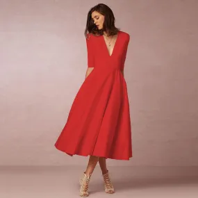 Women's Clothing Evening Dress Sexy Deep V Mid-sleeve Large Swing Dress