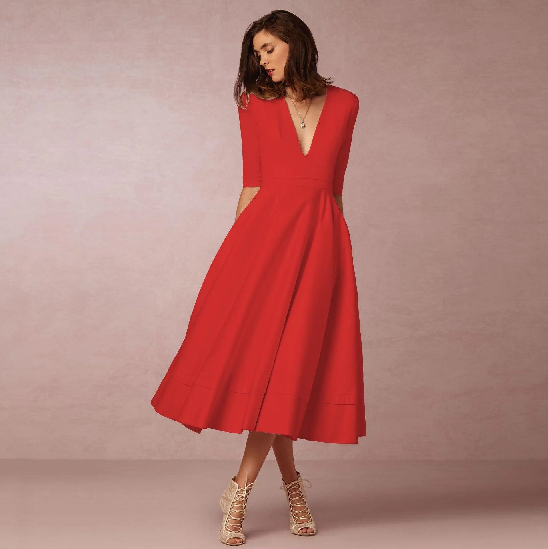 Women's Clothing Evening Dress Sexy Deep V Mid-sleeve Large Swing Dress